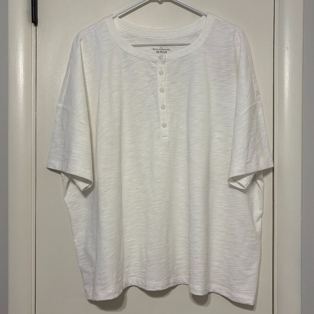 L.L. Bean Women's Plus S/S Slub Jersey Henley Tee Shirt Top 2X White NWT